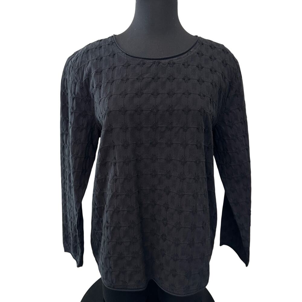 FOCUS Black Textured Quilted Top Long Sleeve Cotton Minimalist Classic | Medium - Picture 3 of 8